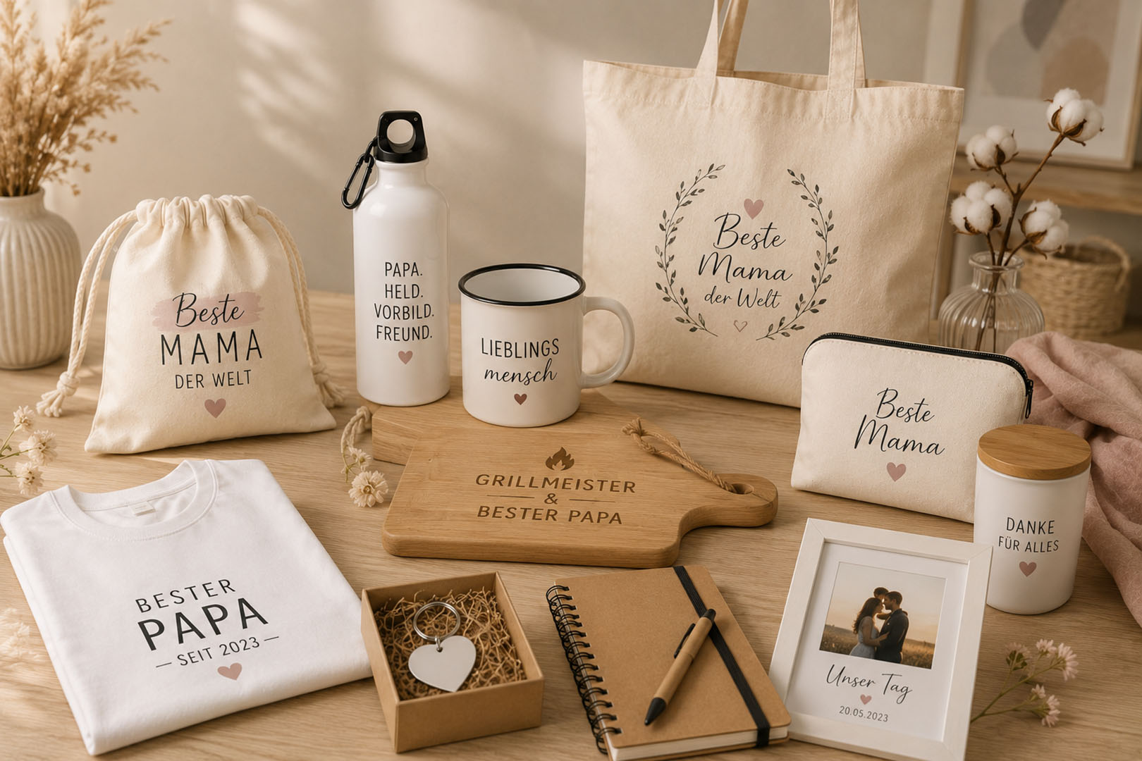 Helle moderne kreative Arbeitsumgebung mit personalisierten Produkten und minimalistischer Studio Atmosphäre in warmen Beigetönen.