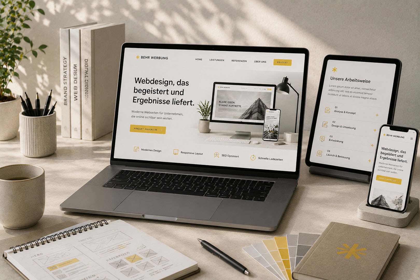 Webdesign Helle moderne Webdesign Arbeitsumgebung mit Laptop, minimalistischen Webseiten Elementen und warmer Studio Atmosphäre.