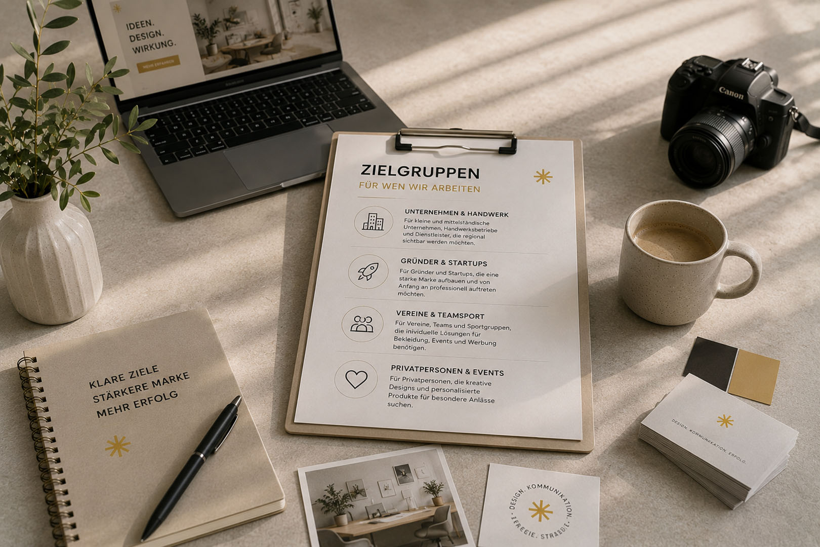 Helle moderne Arbeitsumgebung mit kreativen Branding Elementen für unterschiedliche Zielgruppen in warmer Studio Atmosphäre.